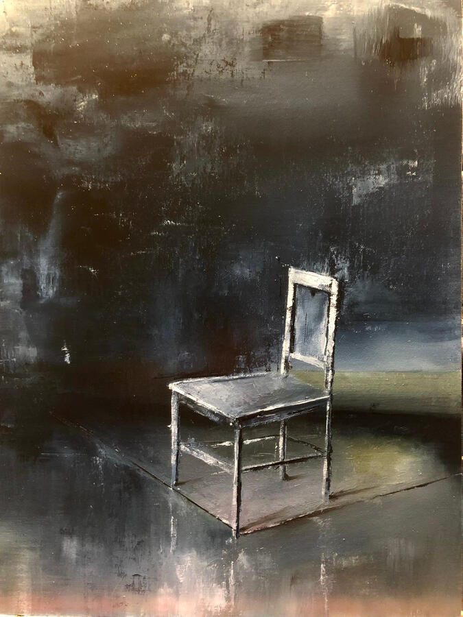 Metafisica di una sedia blu. Olio su pannello telato, 30x40. (180€)