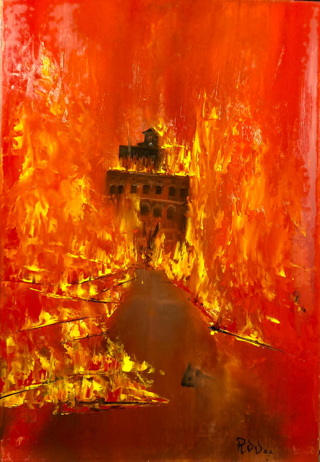 “L’incendio della casa dei Porci”. Olio su masonite, 33x47,5.